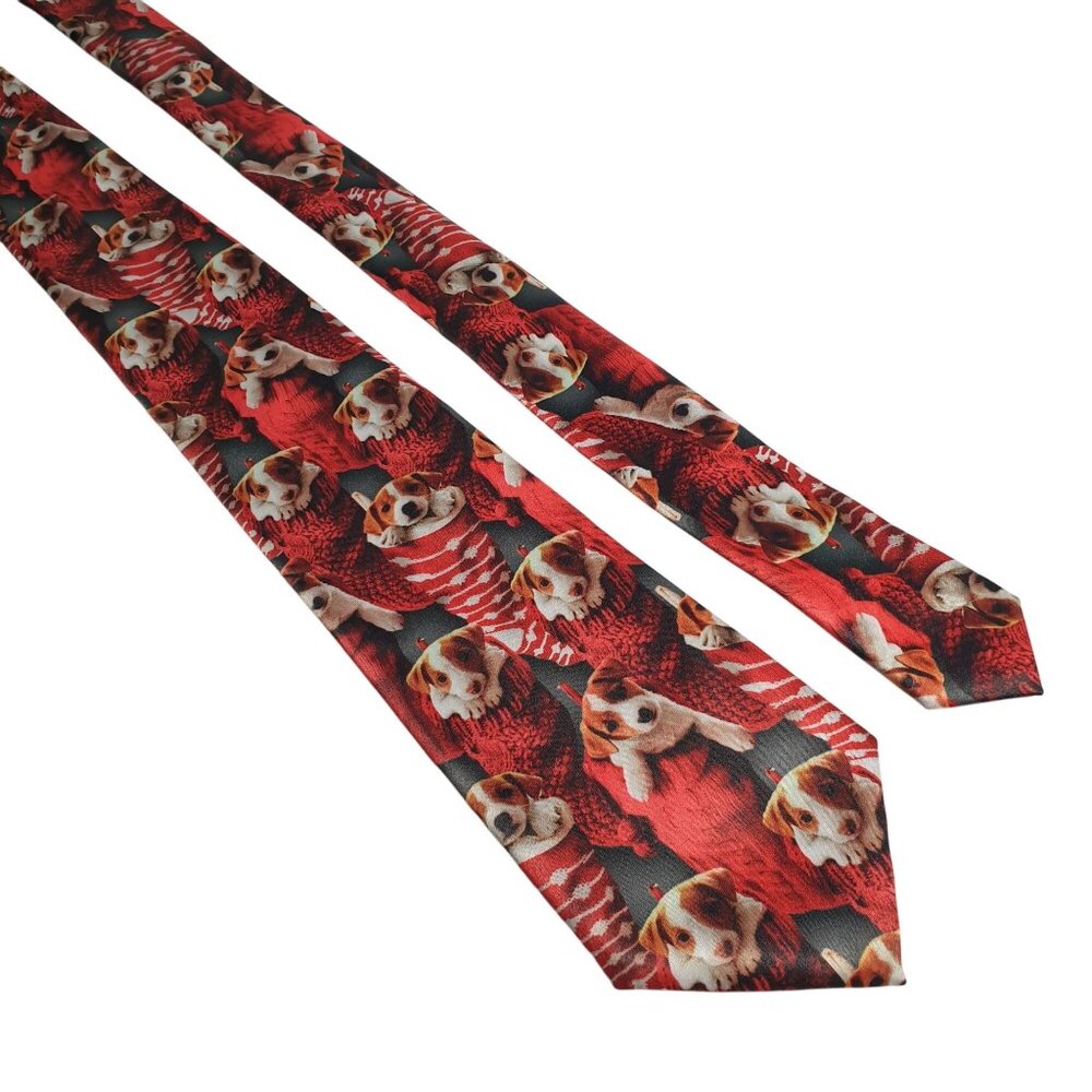 Beagle Dog Christmas Necktie Men Gift Ho Ho Ho Label Holiday Red Black Polyester